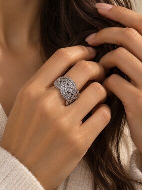 Silver-Tone Pavé Crystal Statement Ring